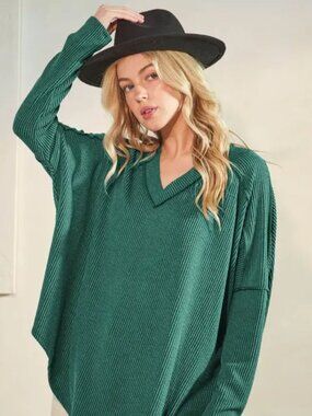 Heimish USA Emerald Green V-Neck Ribbed Slouchy Oversized Sweater Size Large
